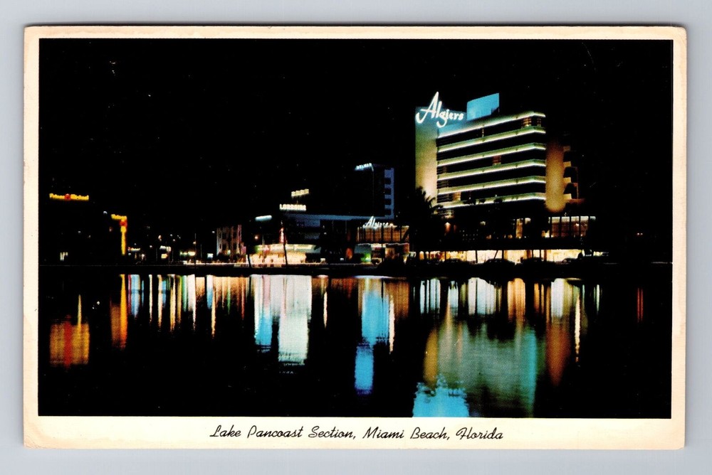 Miami FL-Florida, Lake Pancoast at Night, Antique Vintage Souvenir Postcard
