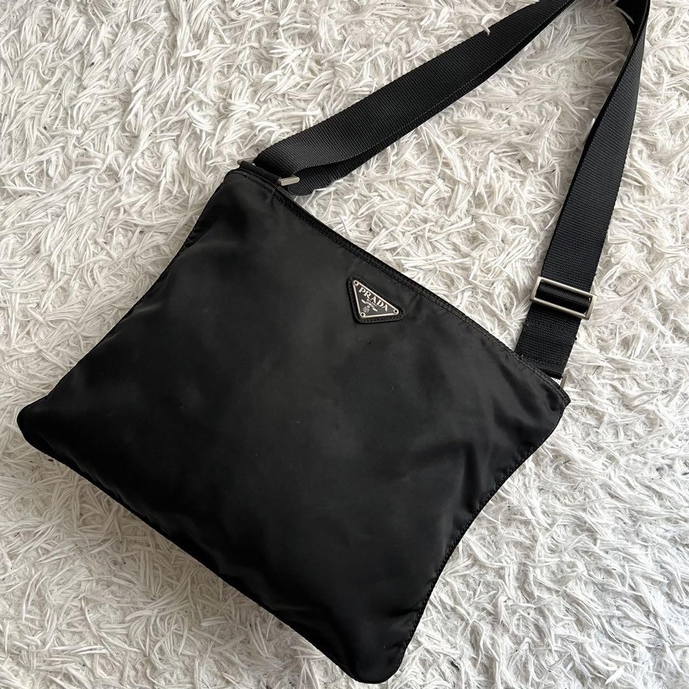 Prada Black Nylon Shoulder Bag with Triangular Plate and White Tag Crossbody Pre-Owned