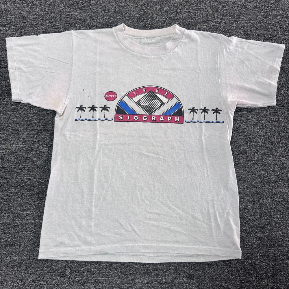 True Vintage 80s Siggraph Conference Artist T-Shirt - Size S White Single Stitch