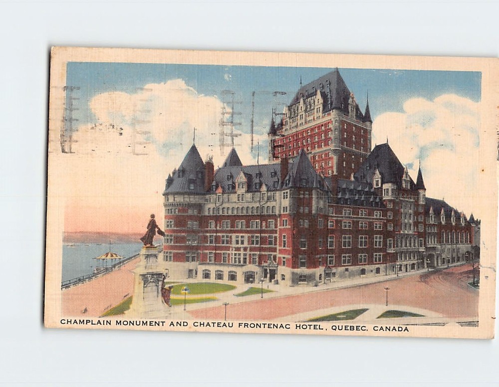 Postcard Champlain Monument And Chateau Frontenac Hotel Quebec City Canada