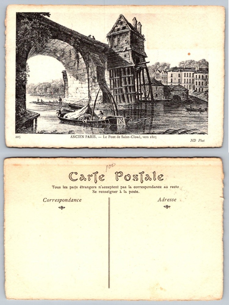 Old Paris Pont de Saint-Cloud Bridge c.1805 Engraving Style Postcard ND Phot