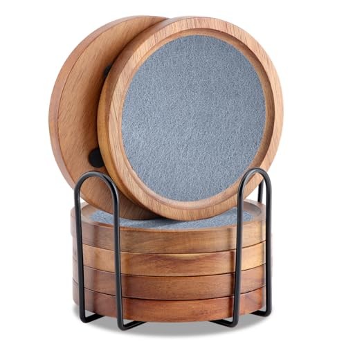Acacia Wood Drink Coasters 4.13 Inch with Felt Backing in Silver Grey-image