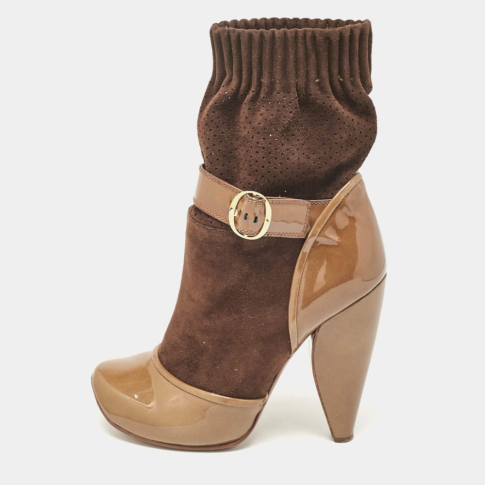 Marc Jacobs Olive GreenBrown Suede and Patent Leather Sock Ankle Boots Size 37