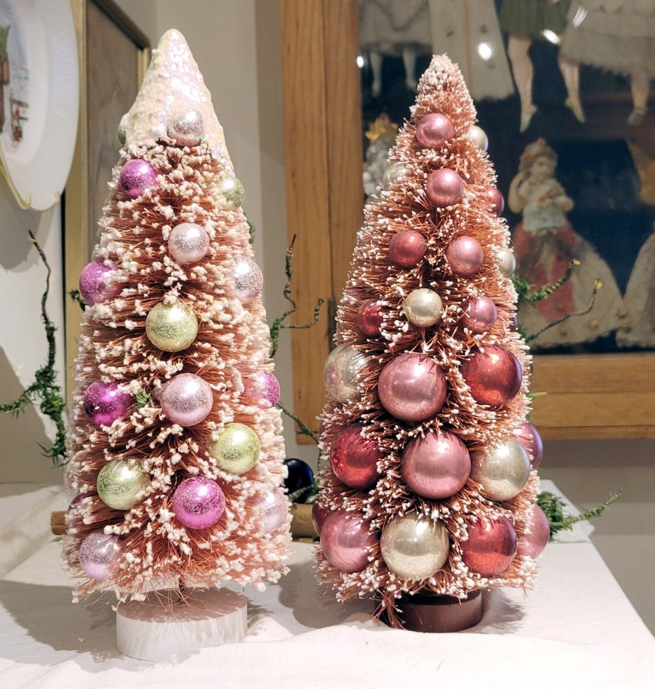 Two Red Flocked Glitter Christmas Trees.  Bottle Brush Trees, with Glass Orns.