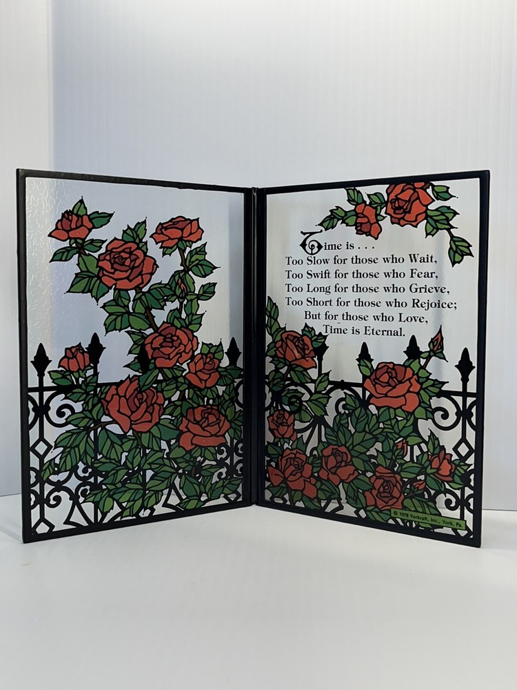 Vtg Rose Garden Sun-catcher folding Stained Glass style Time Poem York-craft ‘78