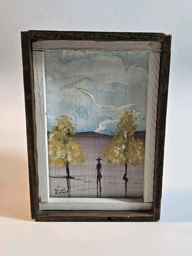 Original Miniature Landscape by Arturo – Framed Rustic Folk Art Painting – Trees