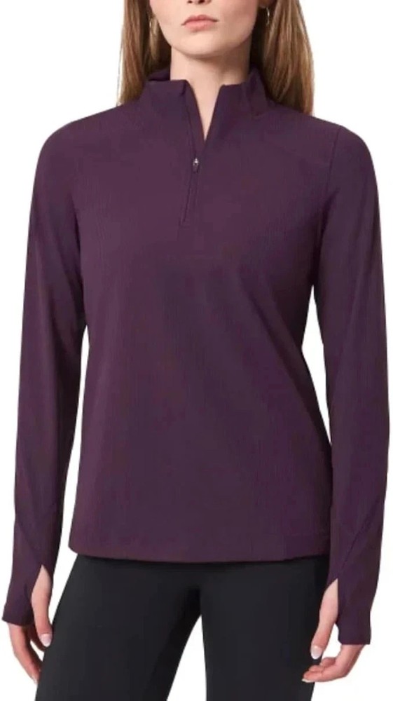 Mondetta Women's Long Sleeve Active Ribbed 1/4 Zip Top with Thumb Holes Purple M
