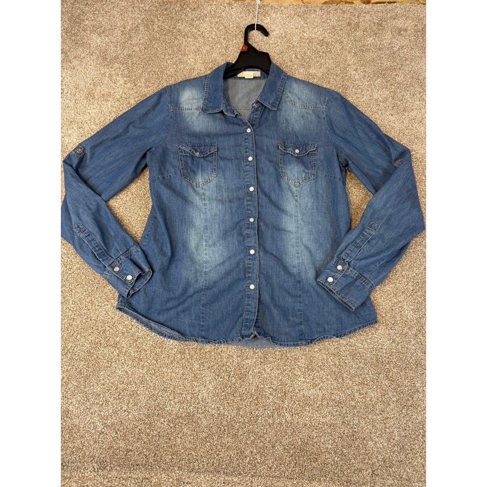 Japna Womens Blue Jean Denim Button Down Shirt Long Sleeve Medium Wash Large L