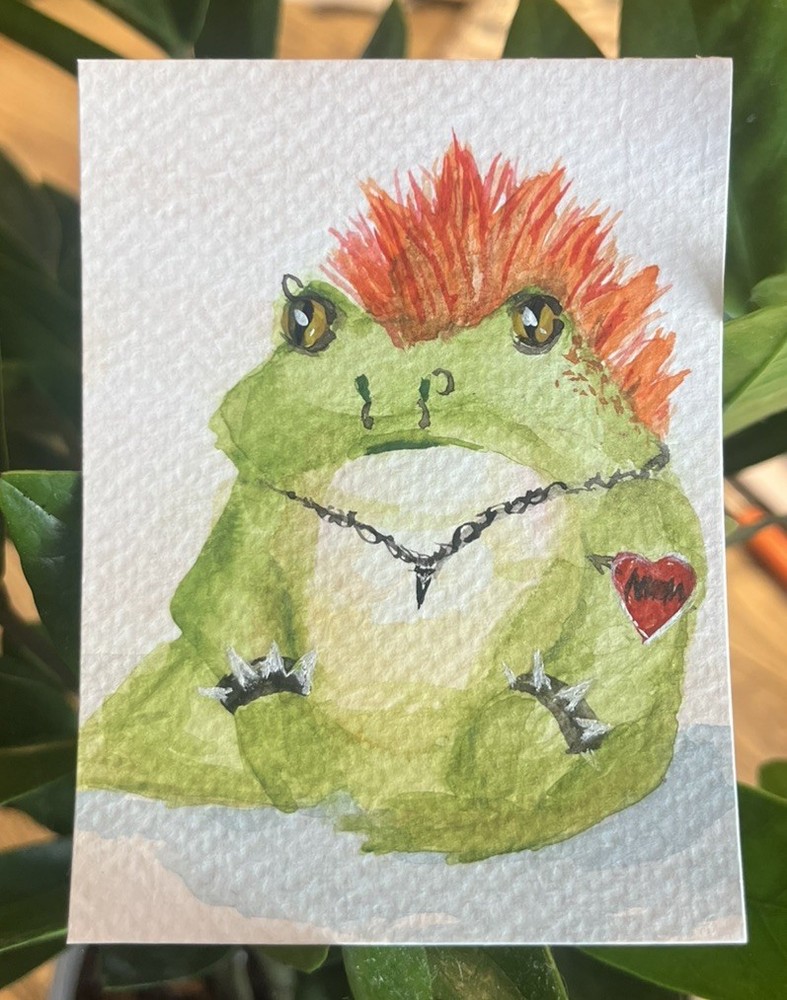 ACEO PRINT Punk Musician Mohawk Alt style Frog Watercolor Painting 3.5x2.5 in