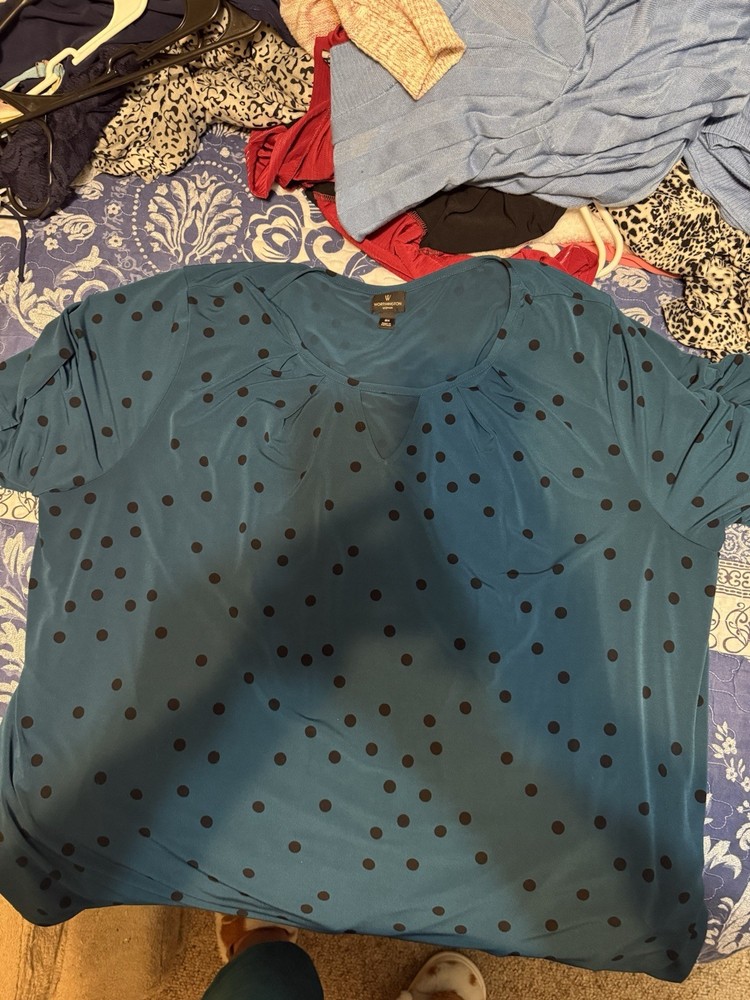Worthington Plus Size 3X Polka Dot Blue Black Blouse Women Round Neck Short Sle…