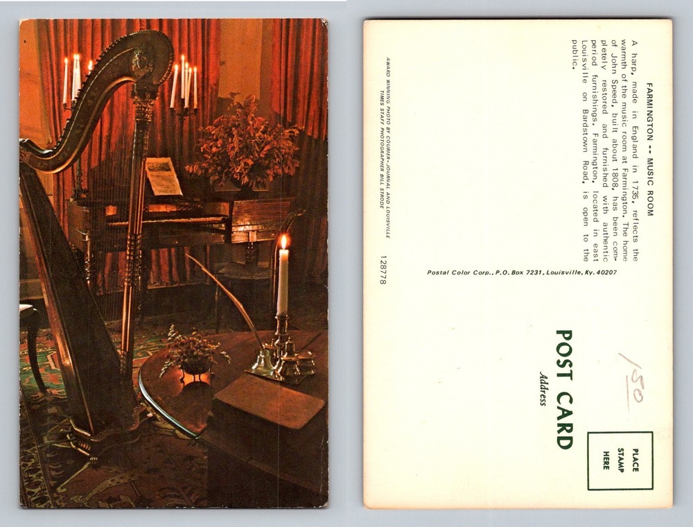 Louisville, KY-Kentucky, Farmington Music Room Harp Candlelight Vintage Postcard