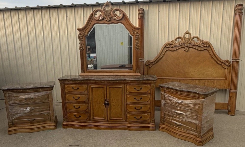 Michael Amini Style Bedroom Set – Dresser, Mirror, Headboard & Nightstands