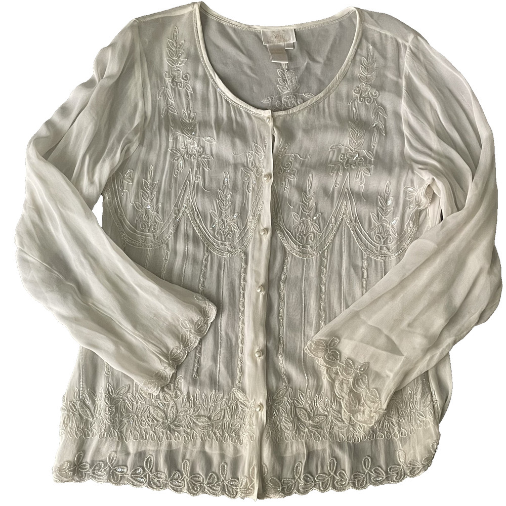 Soft Surroundings White Semi Sheer  Beaded Pearl Button Dressy Top Size Large