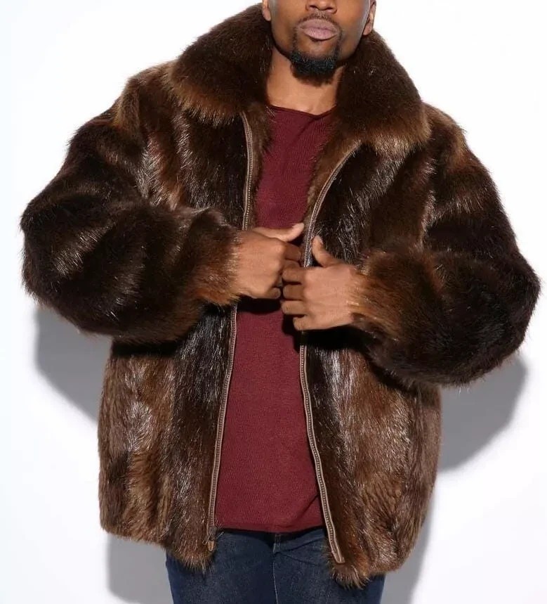 Men’s Real Nutria Fur Bomber Jacket Handmade Brown Fur Coat Winter Fur Jacket