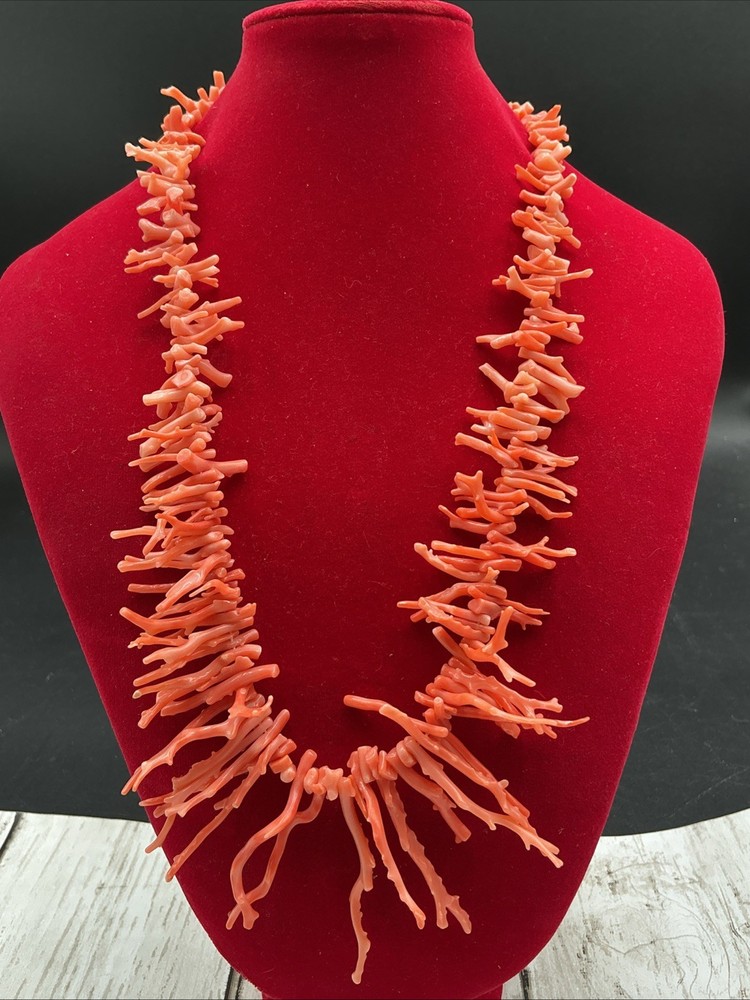 Vintage Natural Red-Orange Graduated Branch Coral Fringe Statement Necklace 18”