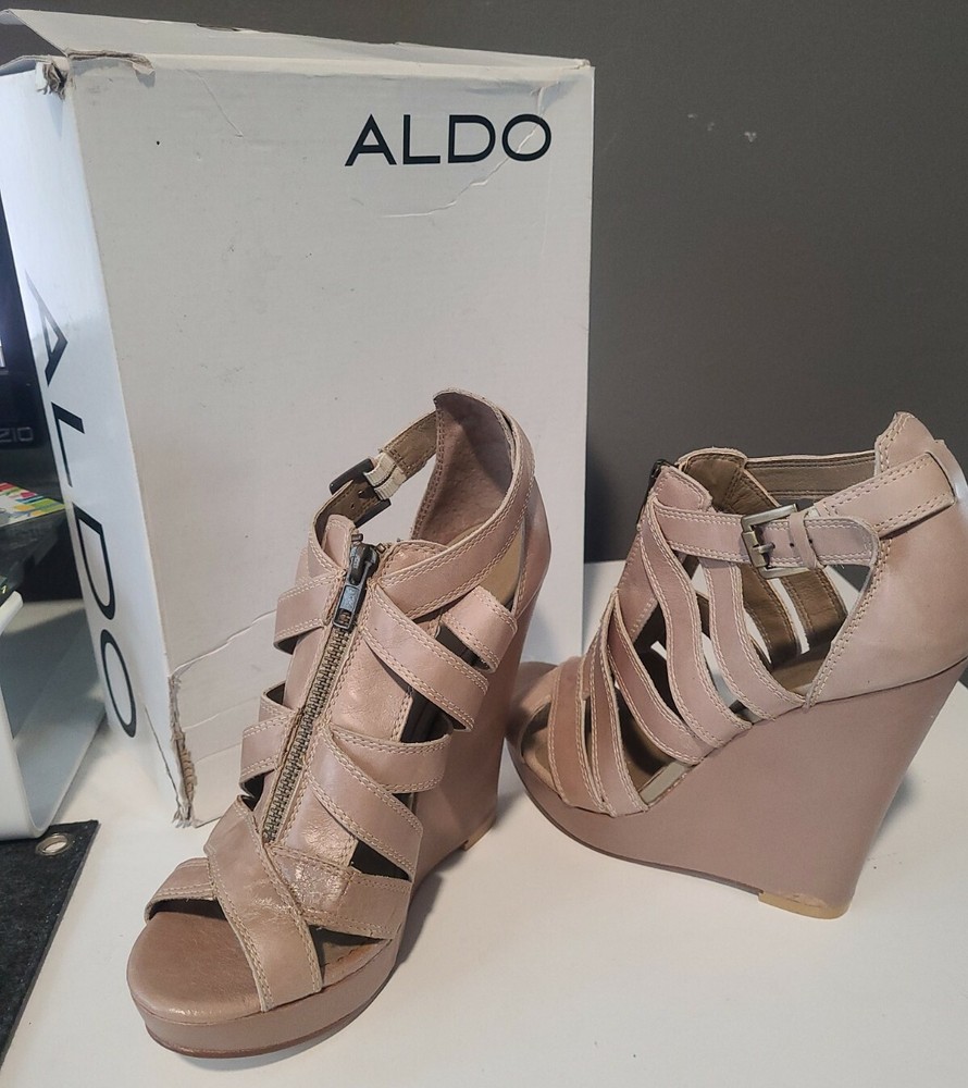 Aldo Gettle Wedge Platform in Tan Leather Size 8.5 US 39 EU with Zipper