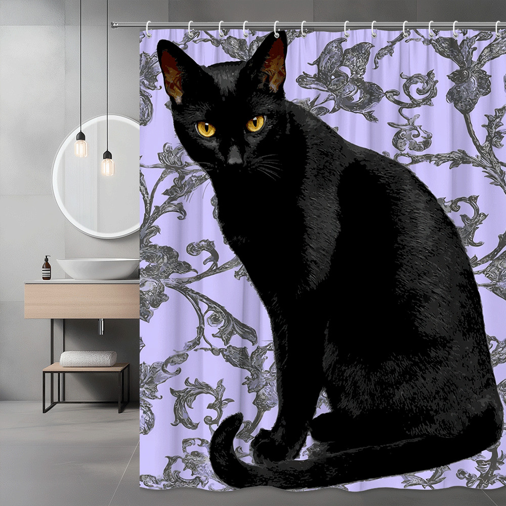 Black Cat Shower Curtain with Purple Floral Scroll Print