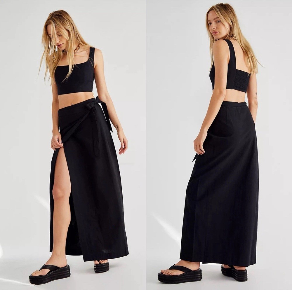 Free People Maxi Skirt Wrap with Shorts Black Cotton Beachy Boho Festival Sz S