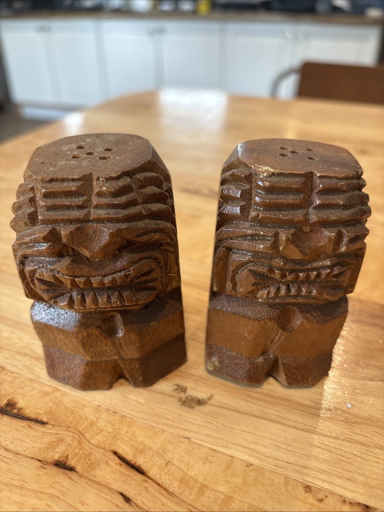 Vintage Hand Carved Wood Aztec Tiki Design Salt and Pepper Shakers