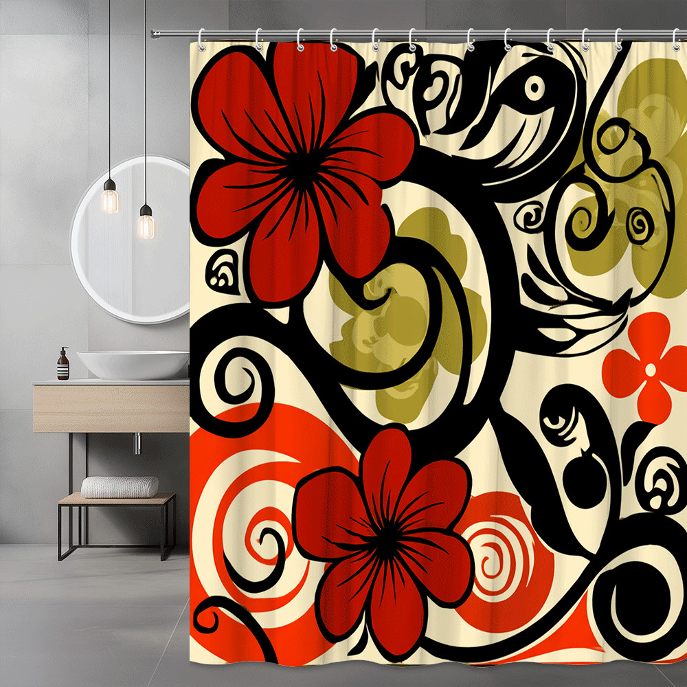Floral Abstract Shower Curtain Red Black Swirl Print