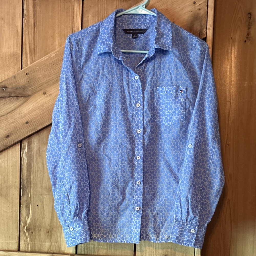 Tommy Hilfiger Women's Blue Floral Button-Up Long Sleeve Blouse, Size S