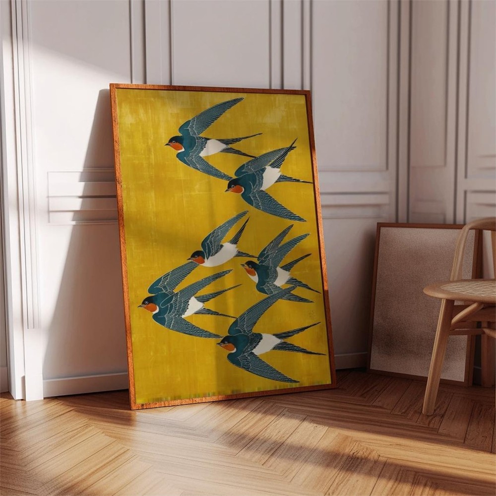 Swallow Birds Japanese Art Poster Yellow Blue Wall Decor Minimalist Print