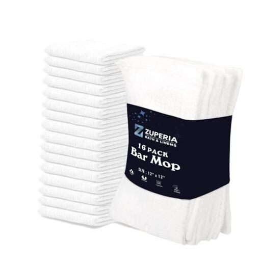 Premium Bar Mop (12 x 12) - 100% Cotton Cleaning Towels Made 16 Pack White