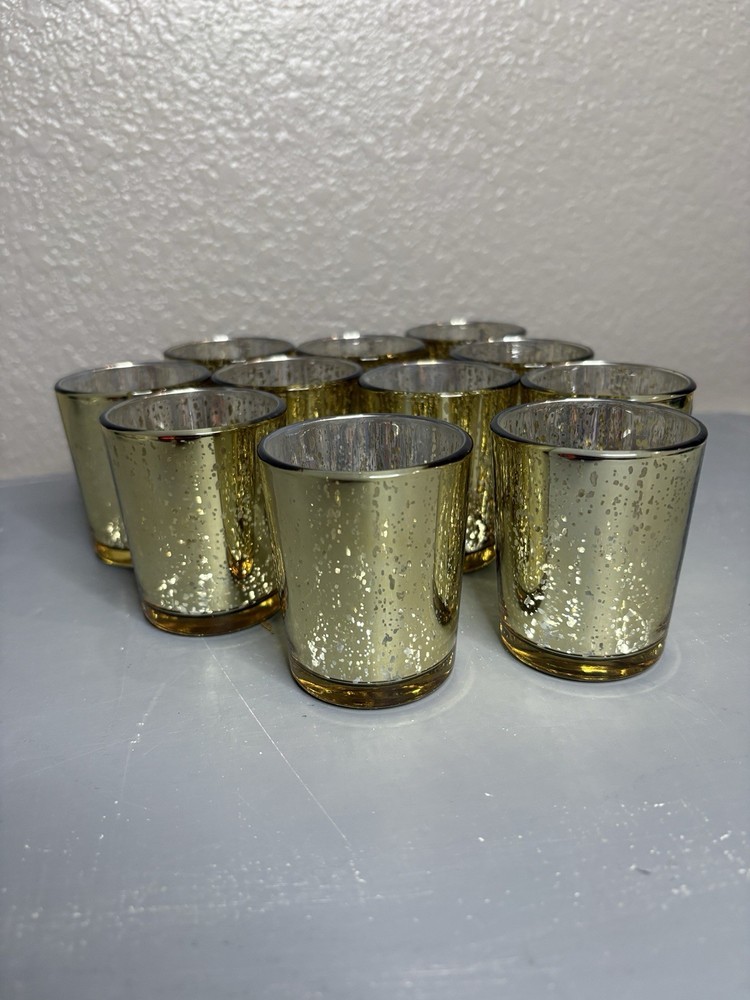 New Set of 11 Mercury Glass Votive Candle Holders Gold Speckled Decor 2.75”
