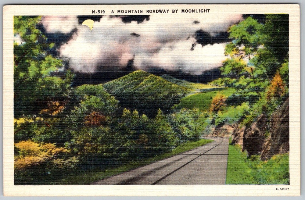 Vtg Linen Postcard Mountain Roadway Moonlight 1930s