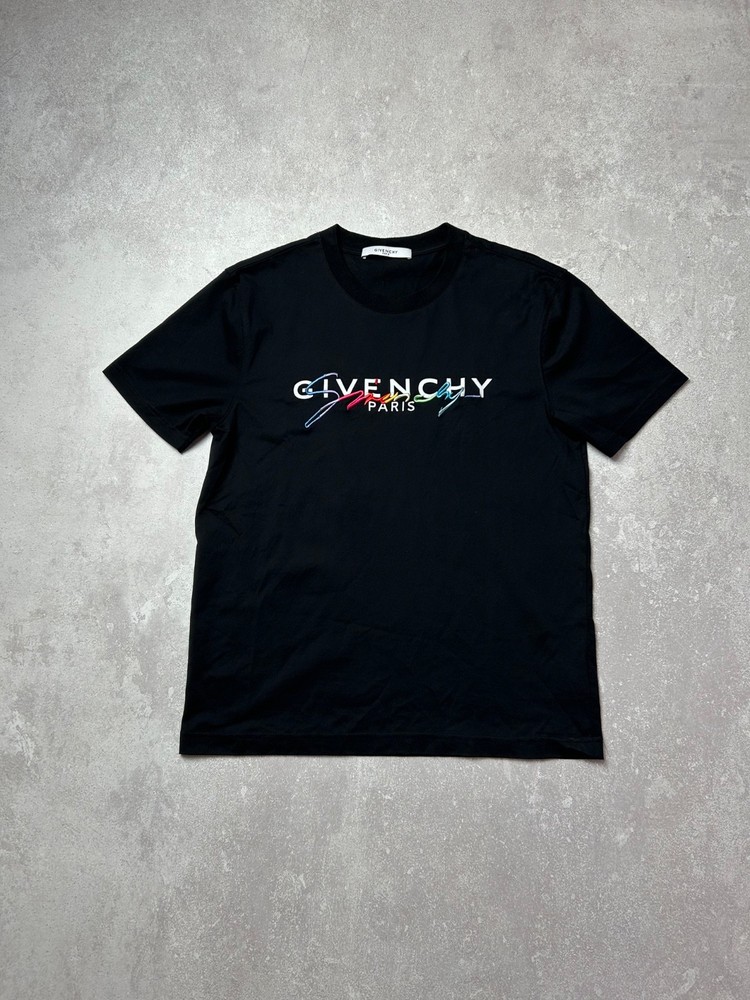 Givenchy Paris Rainbow Signature Logo T-Shirt Black Cotton Size S Cuban Fit