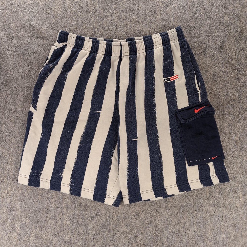 Nike Shorts Mens XL Blue Striped USA Sweat Cargo Elastic Waist Pockets Swoosh