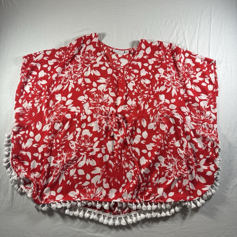 Susan Graver Red White Floral Poncho Style Top Size M Pompom Trim