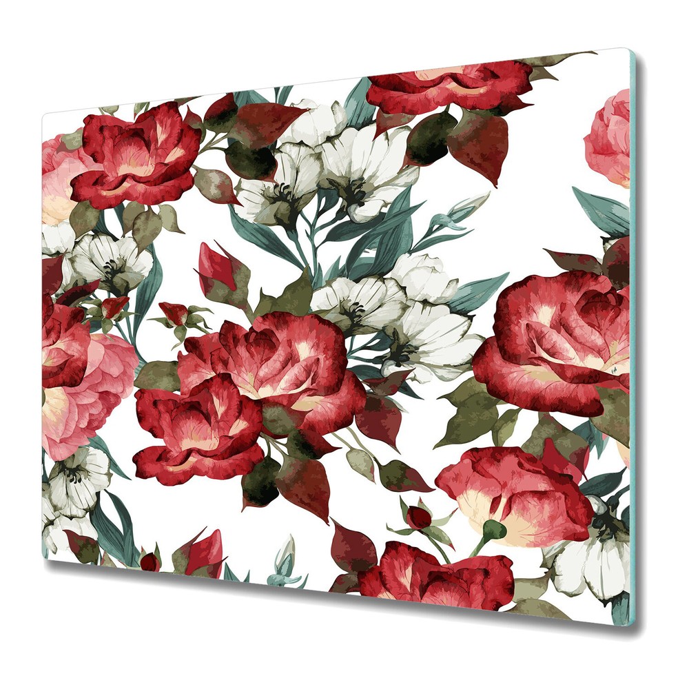 Glass Chopping Board Watercolour Roses Romantic Elegant Flowers Floral 60x52