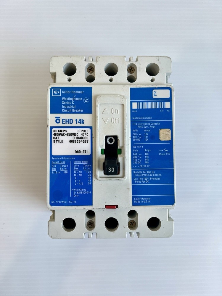 Cutler Hammer EHD3030L 30 Amp 480 VAC 3 Pole 14K Circuit Breaker - TESTED