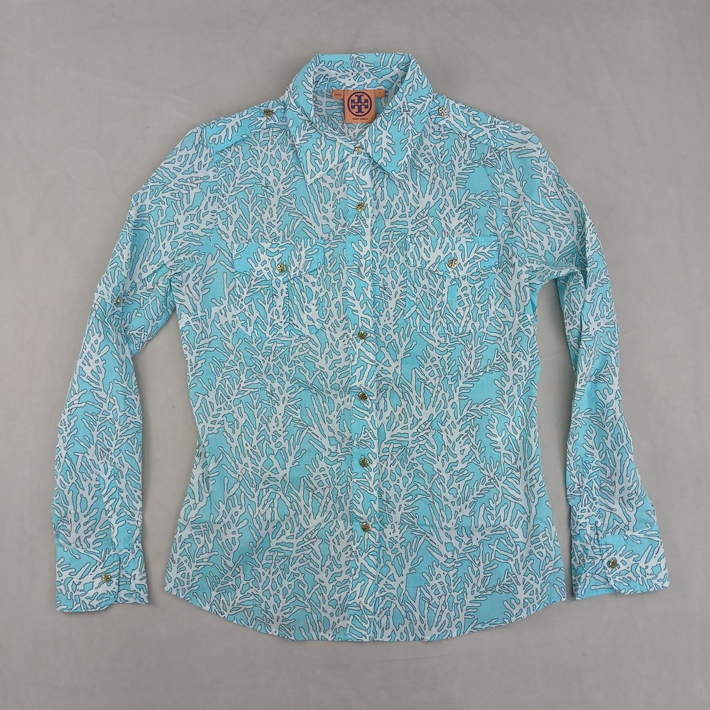 Tory Burch 4 Womens Shirt Blouse Top Lightweight Gold Accent Safari
