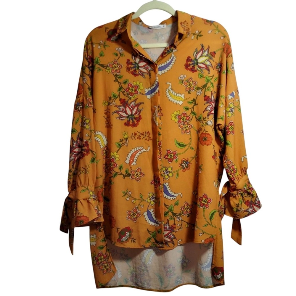 Sateen Life Orange Paisley Print Tie Cuff Button Up High Low Retro Size Small