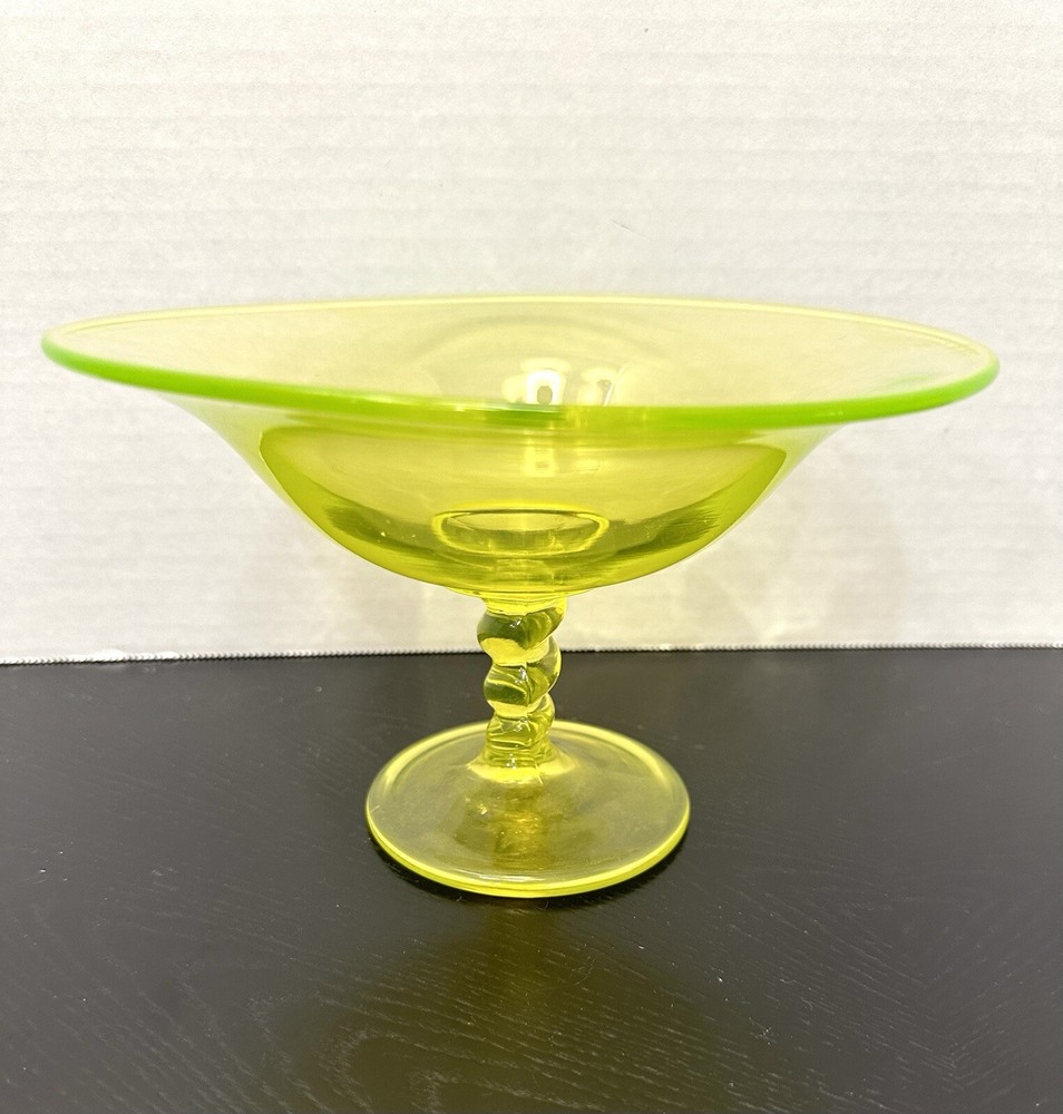 Tiffin Yellow Satin Vaseline Glass Compote With Spiral Stem. Beautiful Piece VTG