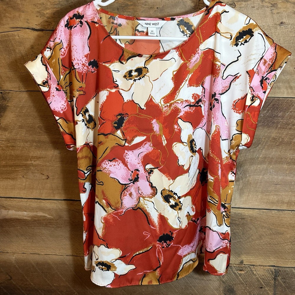 Nine West Women's Short Sleeve Blouse M Floral Multicolor