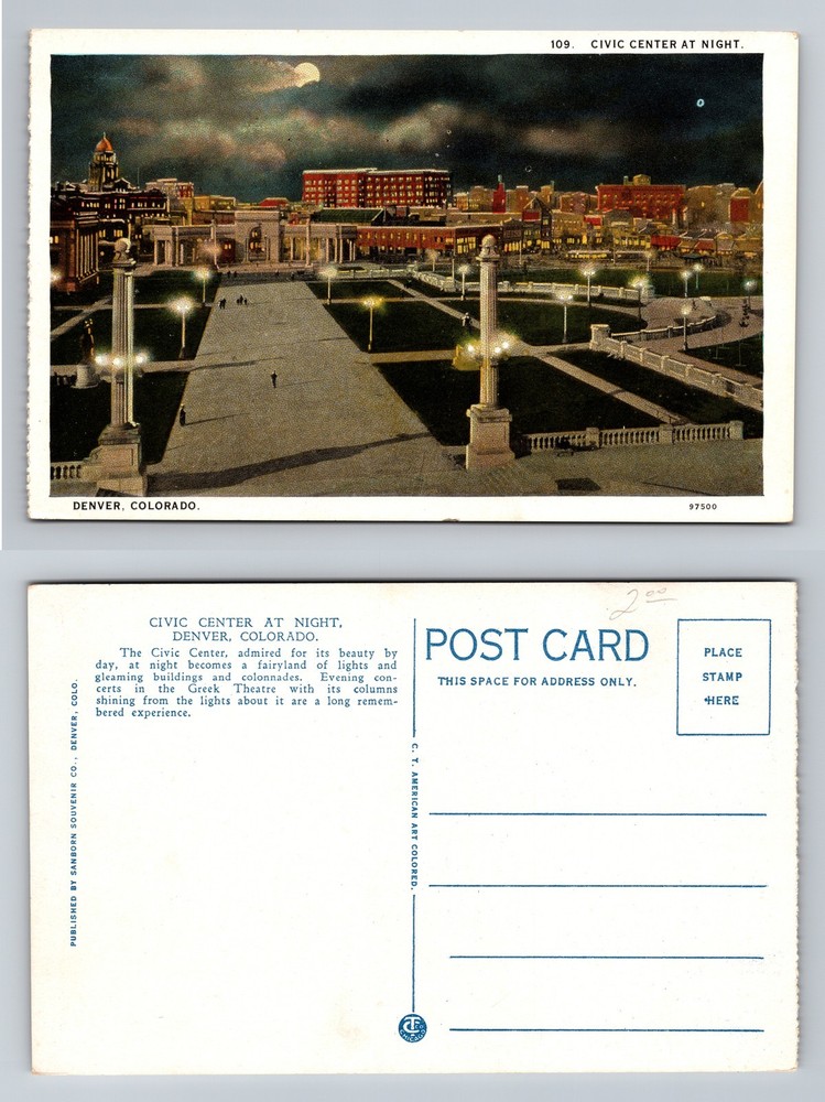 Denver, CO-Colorado Civic Center at Night Illuminated City View Vintage Postcard