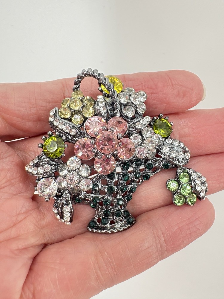 Silver Flower Basket Bouquet Brooch Pin Rhinestone Multicolor Vintage To Fashion