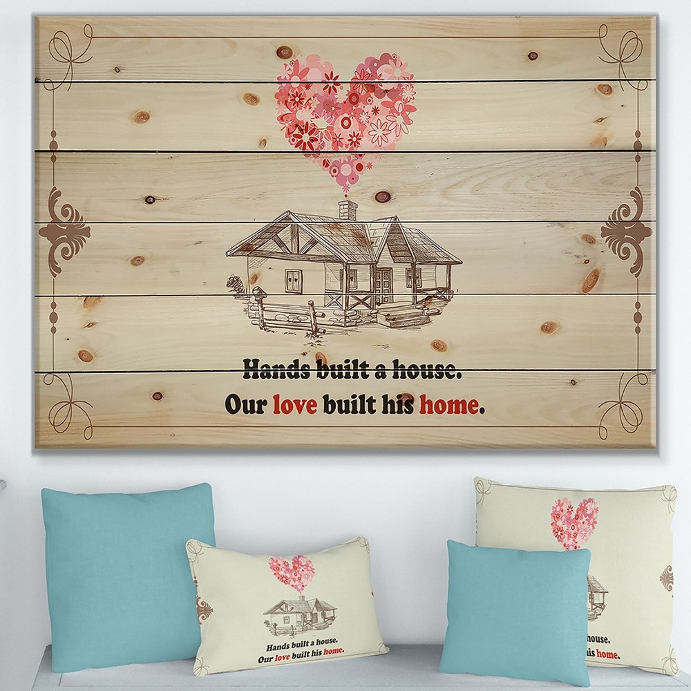 Designart 'Hands built a house. Vintage Pink Heart ' Textual  Small
