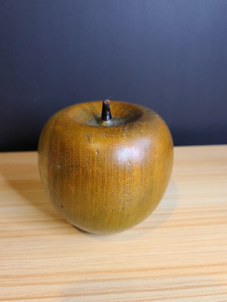 Single Vintage Mid-century Hand Carved Wooden Apple with Stem - Tones Of Green