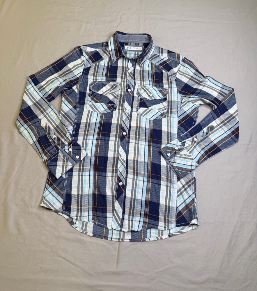 BKE Buckle Pearl Snap Western Shirt Mens Small Blue Plaid Retro Standard Fit