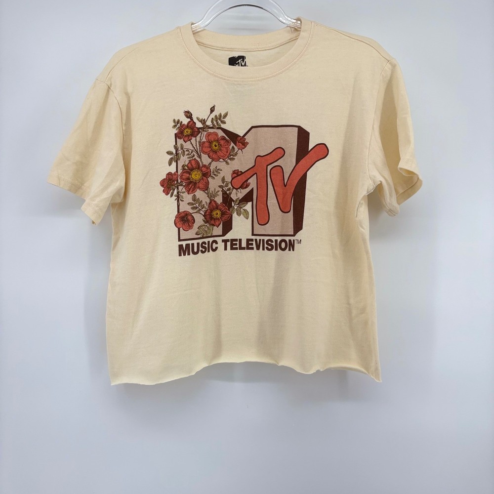 MTV Floral Graphic T-Shirt Large  Raw Hem Music Television Crop Cut Off
