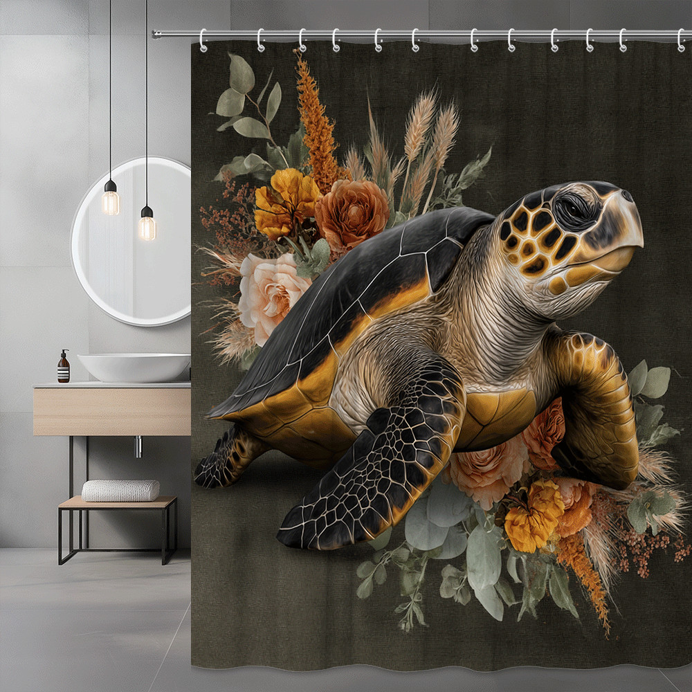 Sea Turtle Floral Shower Curtain, Black and Gold Ocean Animal Print