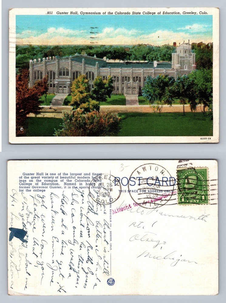 Greeley, CO-Colorado, Gunter Hall Gym Education Campus c1939 Vintage Postcard