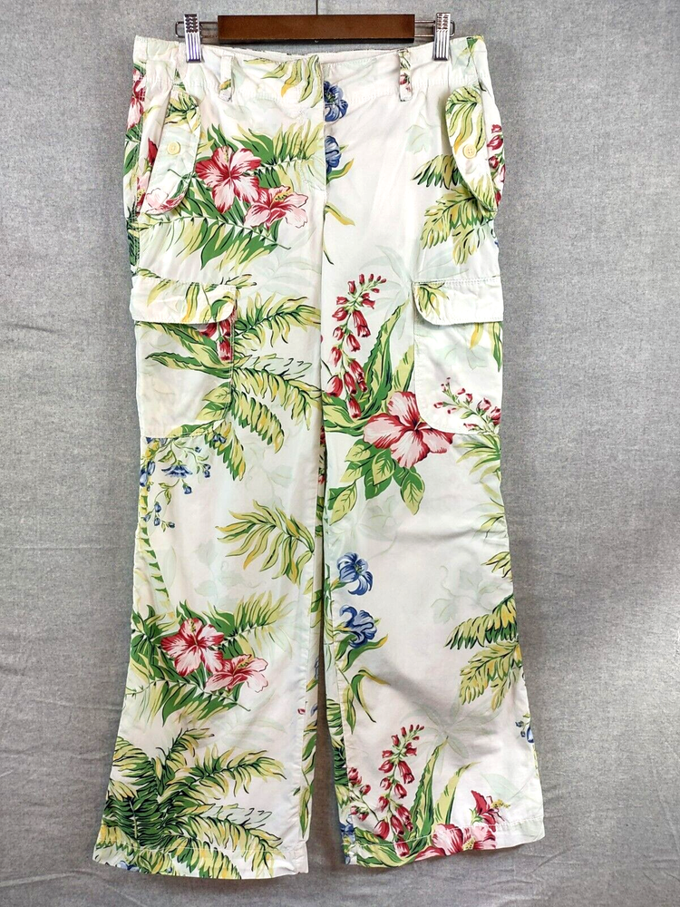 VTG Tommy Hilfiger Womens Size 8 Button Fly Cargo Jeans Roll Up Boho Tropical Print