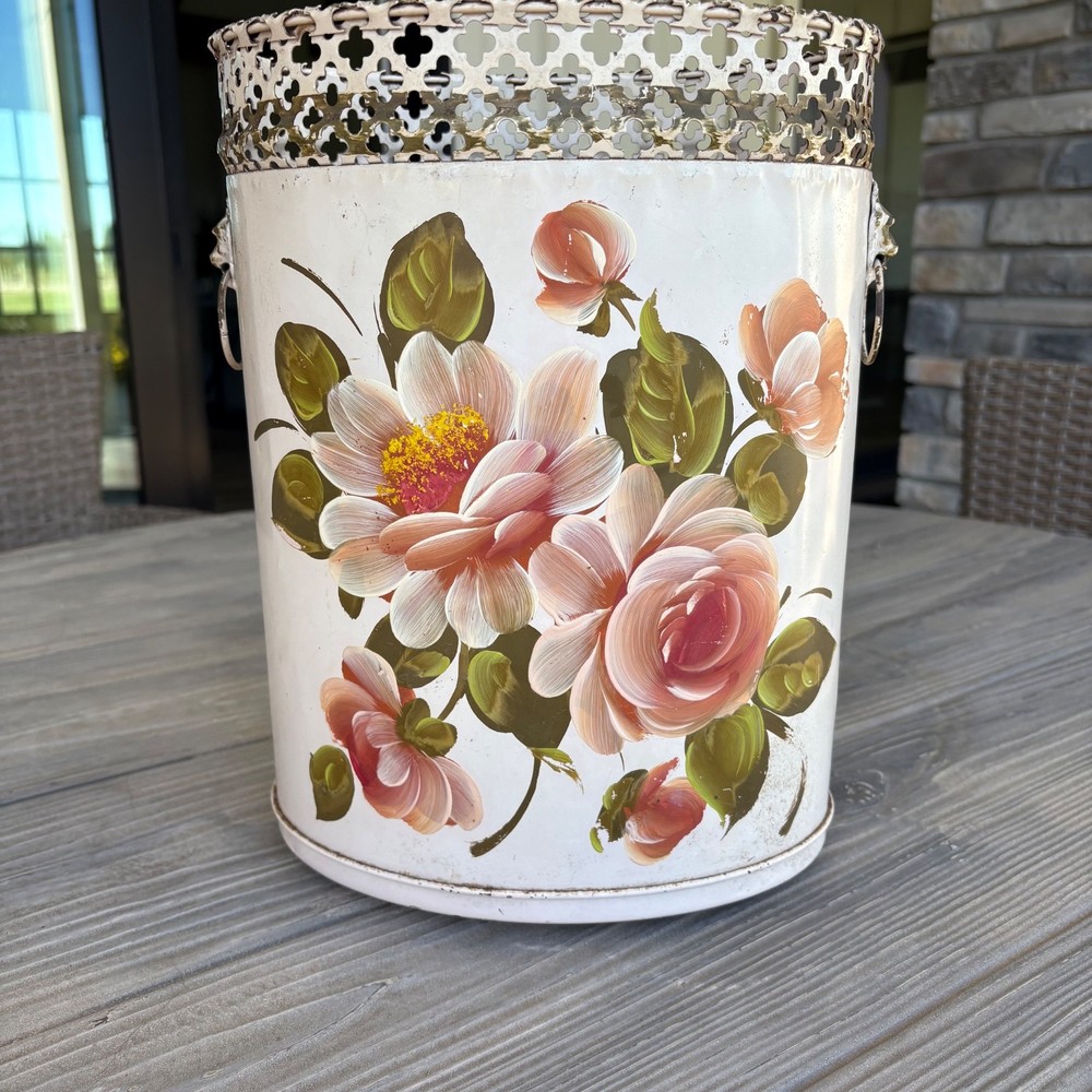Vintage Shabby Pink Roses Tole Painted Oval Wastebasket
