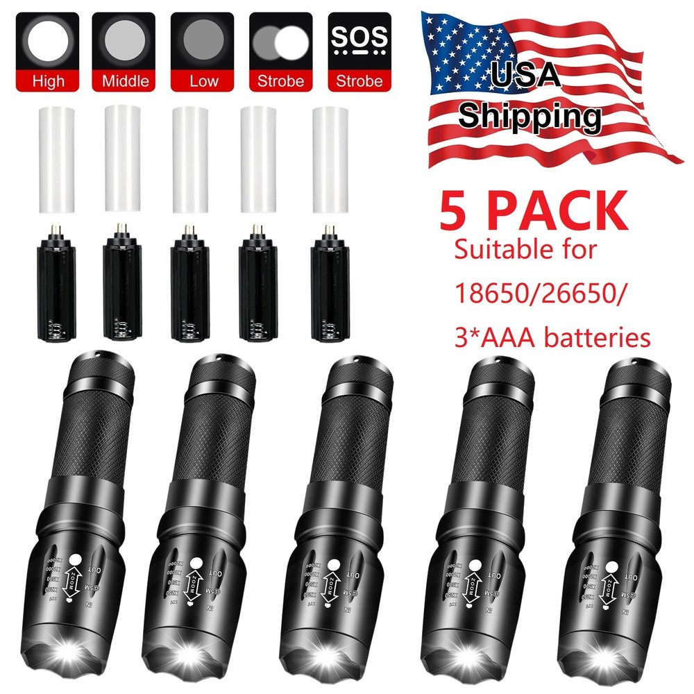 5 Pack Super Bright LED Flashlight High Lumens Small Working Torch Lamp Zoom AAA