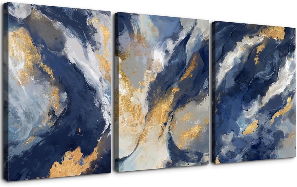 3 Piece Abstract Wall Art Blue and Gold Paintings Minimalist Wall Decor Graffit-image